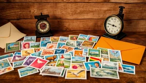 Explore cheap postage stamps displayed creatively with vintage props.