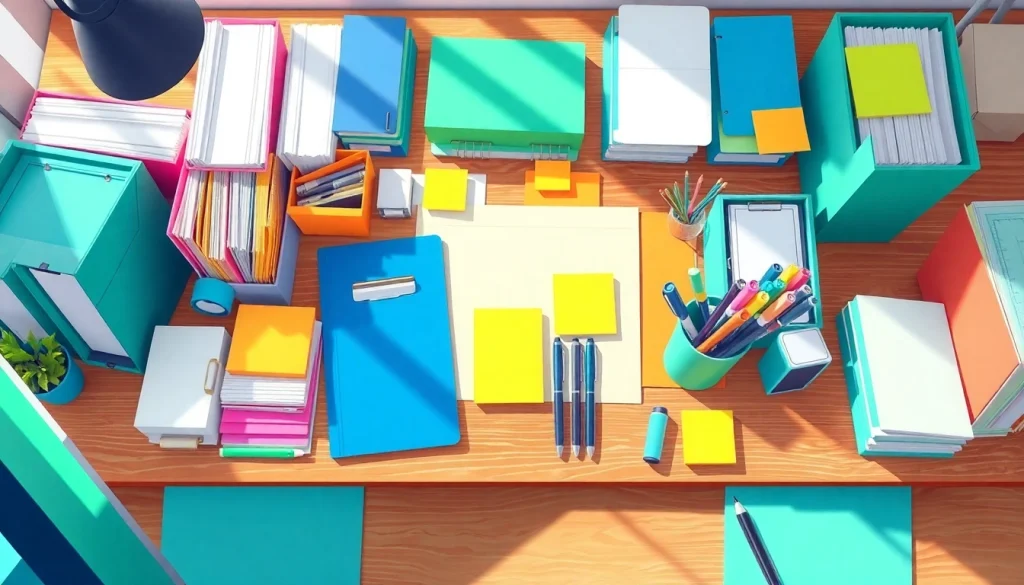 Explore our vibrant selection of discount office supplies, including colorful folders and pens.