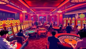 A dynamic casino Pay N Play scene illustrating excited players at slot machines and card tables.
