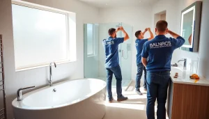 Bathroom Fitters diligently installing modern bathroom fixtures in a stylish renovation.