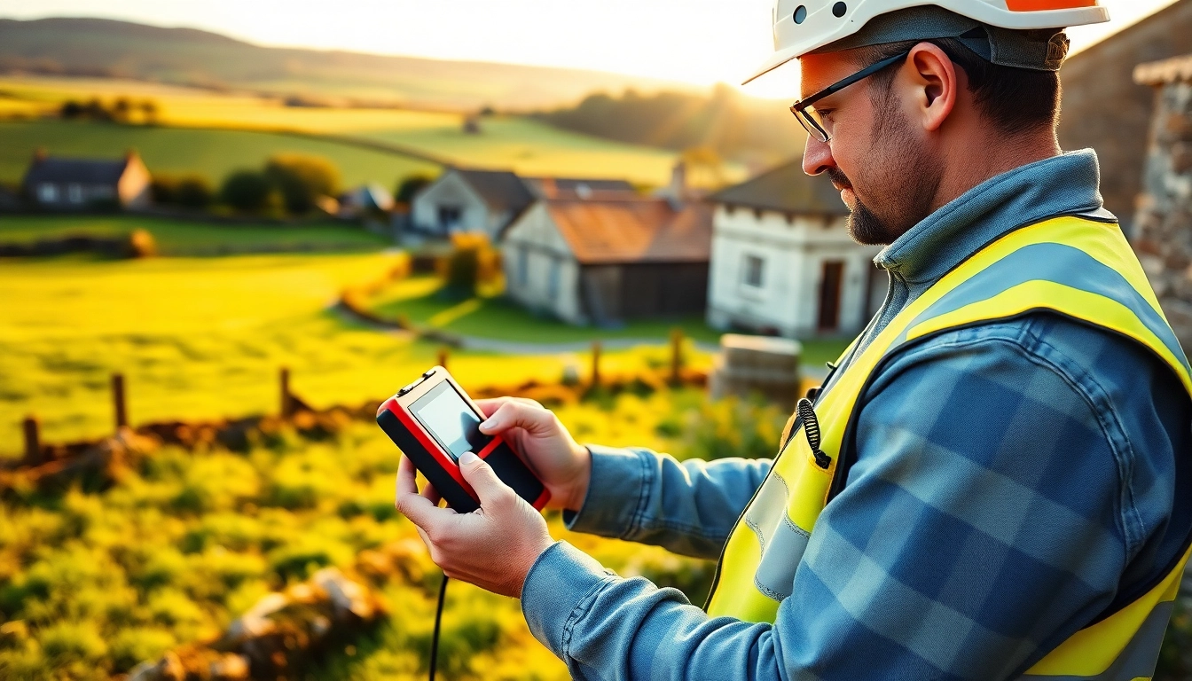 Technician conducting Leak Detection Cornwall using acoustic tools in a rural setting.