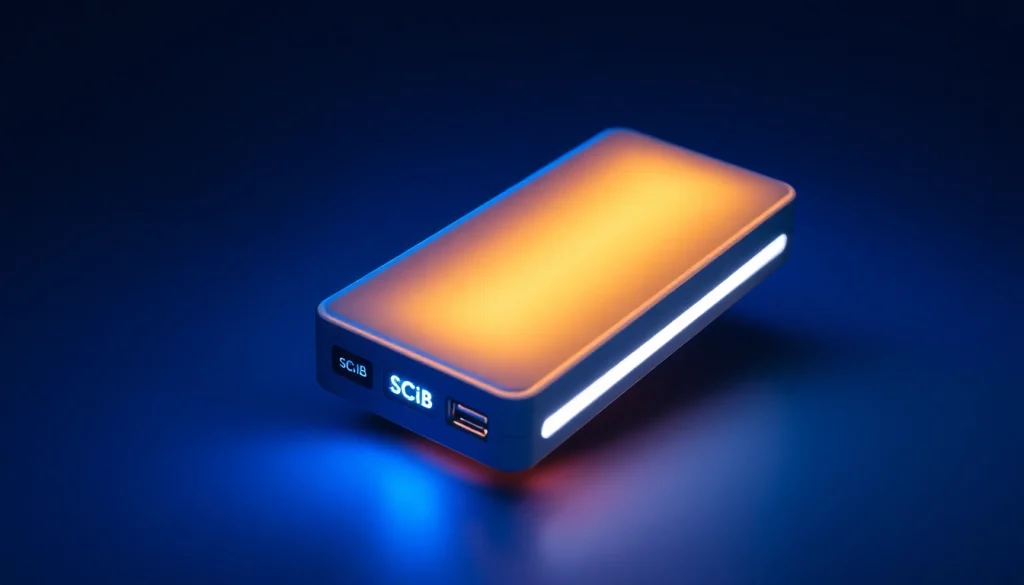 Showcasing a SCiB battery bank with advanced features, highlighted against a glowing background.