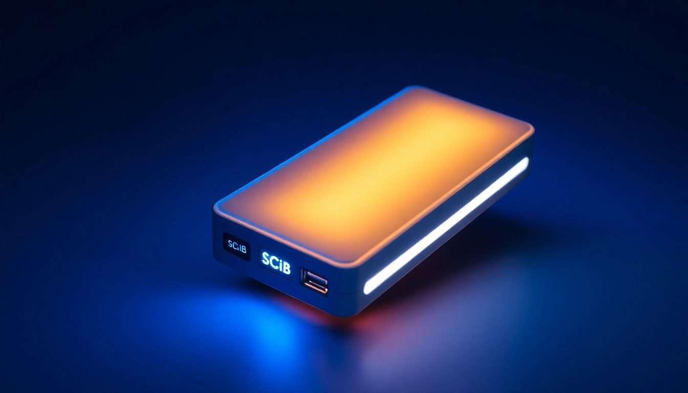 Showcasing a SCiB battery bank with advanced features, highlighted against a glowing background.