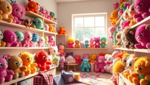 Showcase unique custom plushies in a cheerful display, highlighting distinct designs and textures.