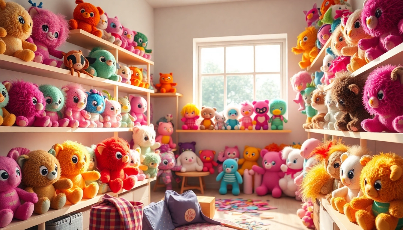 Showcase unique custom plushies in a cheerful display, highlighting distinct designs and textures.