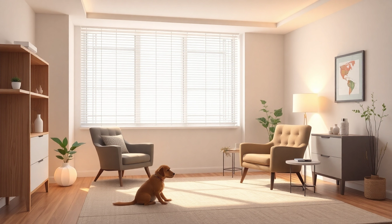 Provide a calming atmosphere for depression treatment featuring a therapy dog in a cozy setting.