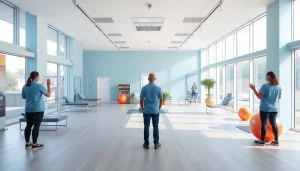 The welcoming environment of a physiotherapy clinic near me, showcasing therapists assisting patients with rehabilitation.