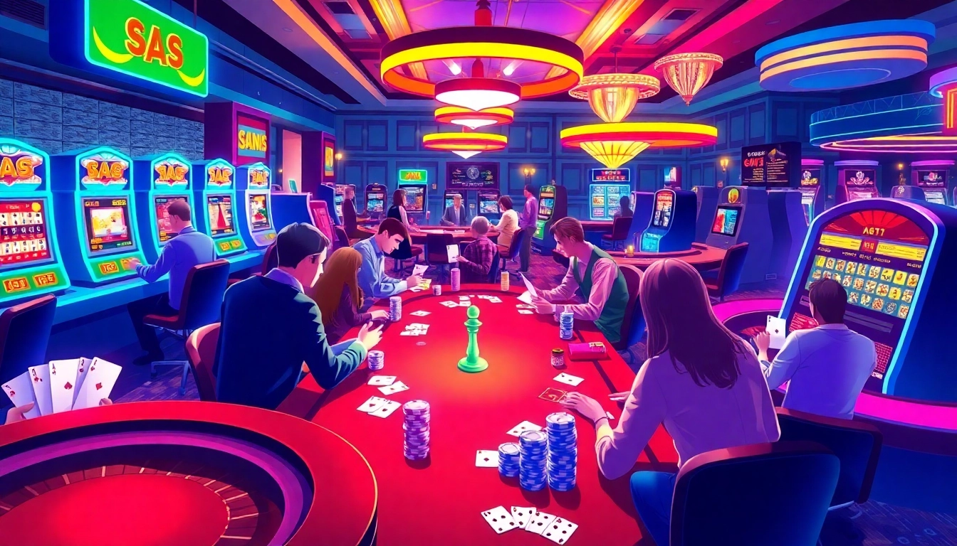 Casino night excitement with various games depicting KJC AC 1, including poker and slots.