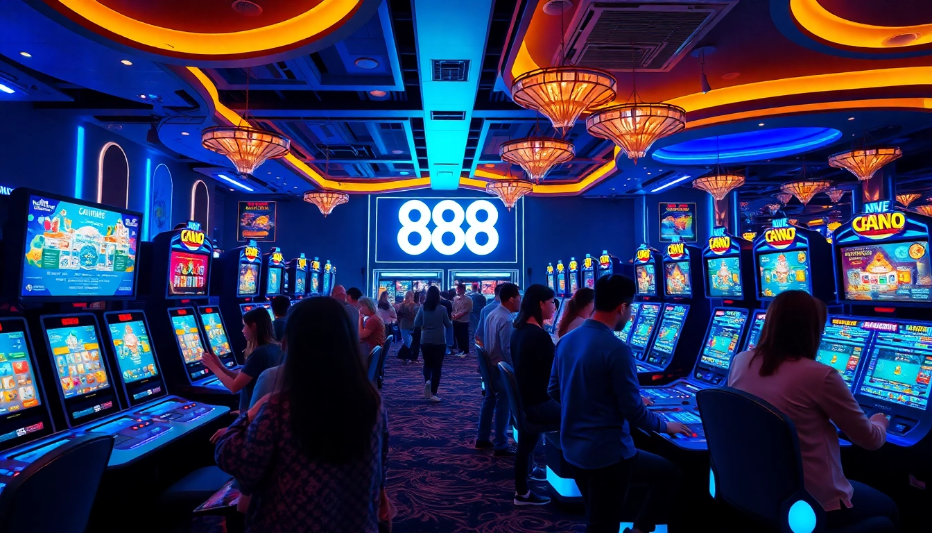 Exciting gaming scene at 888 new casino showcasing players engaged with modern gaming machines and vibrant atmosphere.