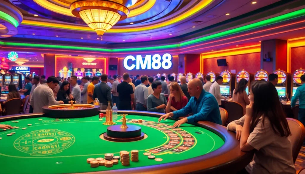 Experience the thrill of gambling at CM88 casino, featuring vibrant poker tables and exciting slot machines.