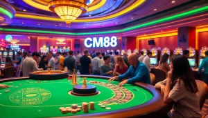 Experience the thrill of gambling at CM88 casino, featuring vibrant poker tables and exciting slot machines.