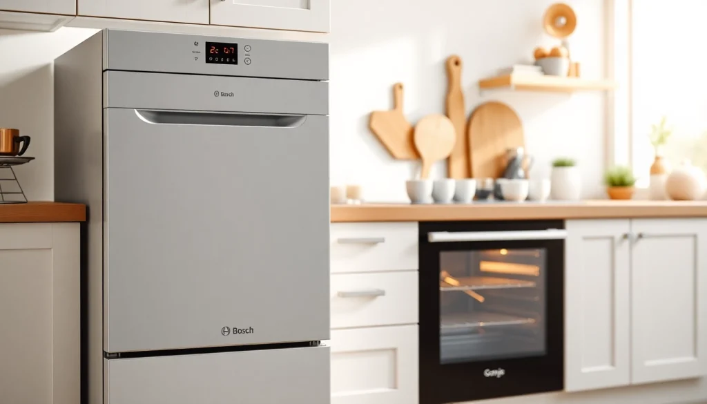 Showcase бяла техника in a modern kitchen featuring a Bosch dishwasher and Gorenje oven.