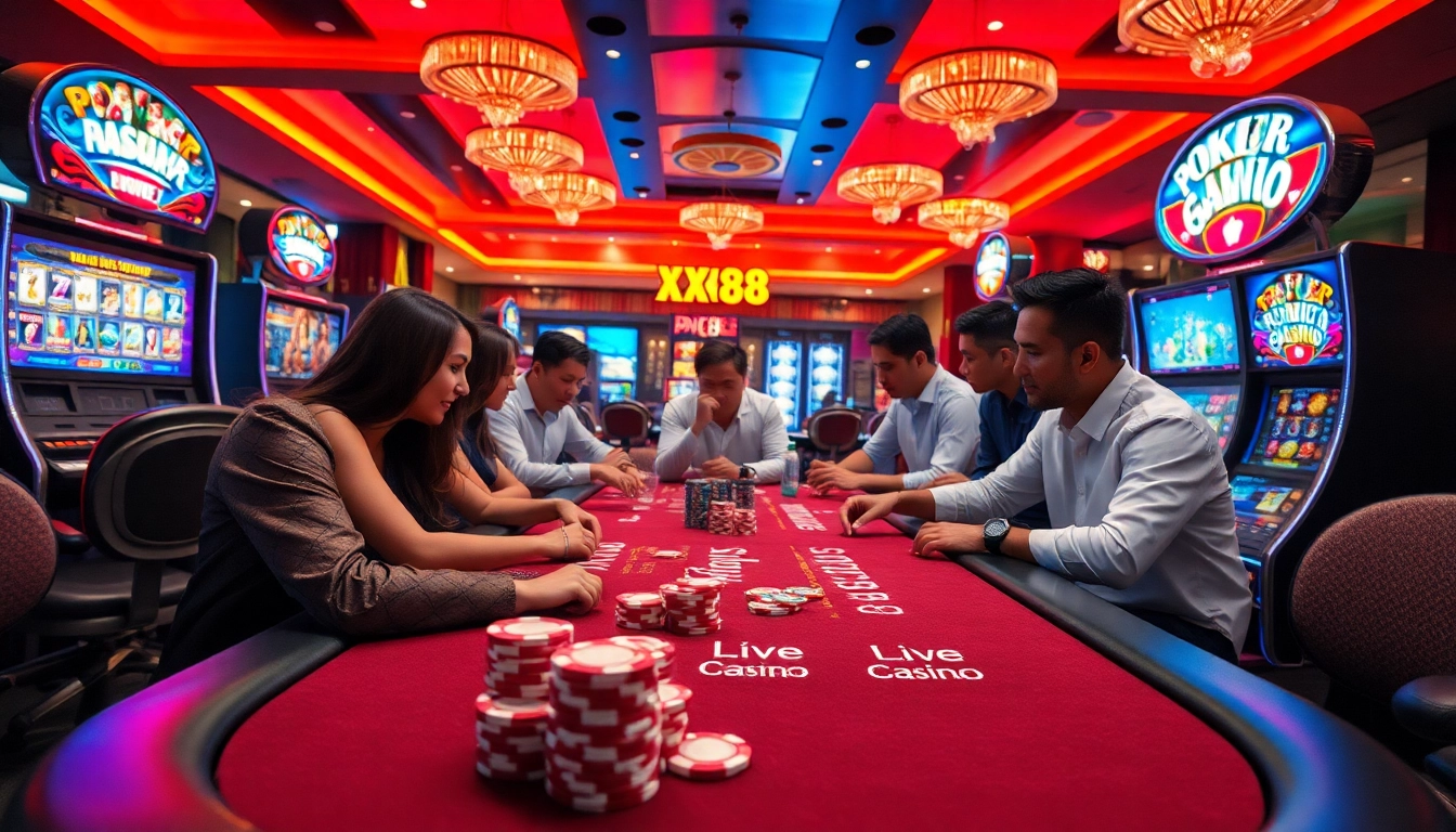 Exciting XX88 casino scene highlighting diverse players at modern gaming tables.