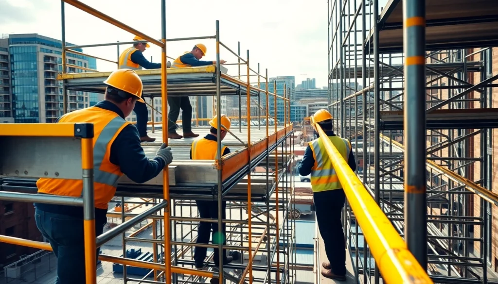 Workers expertly handling caffolding Bolton setup in a vibrant urban scene.