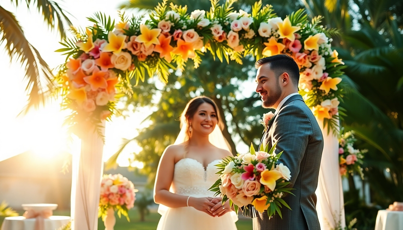 Wedding photographer Tampa captures a joyful couple exchanging vows in a romantic outdoor ceremony.