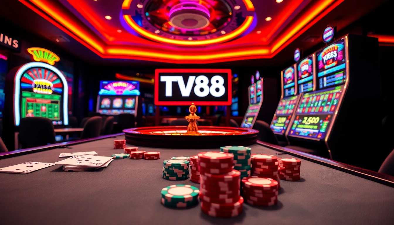 Experience the thrill of gambling at TV88 with vibrant casino tables and slot machines.