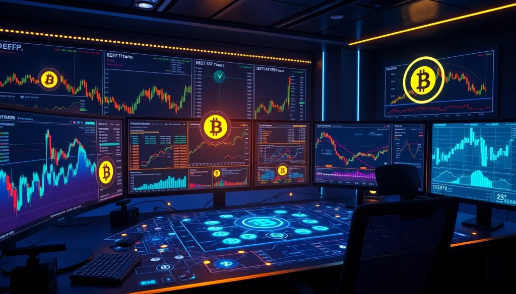 Bitcoin trading chart with various cryptocurrency symbols, showcasing a secure digital wallet in a futuristic finance environment.