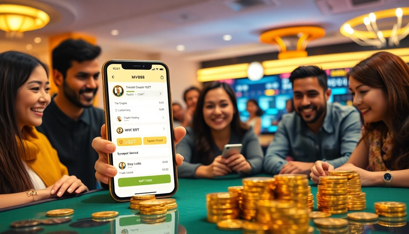 MV88 app user interface showing secure USDT transactions in a vibrant online gambling setting.