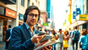Read the latest news in the UK with engaging visuals of a journalist on duty in an urban environment.