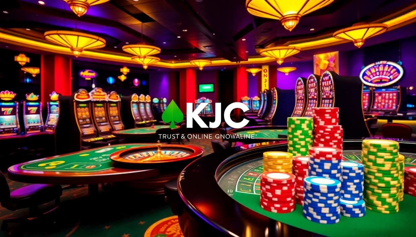 Exciting gambling scene at KJC casino, showcasing tables, cards, and slot machines.