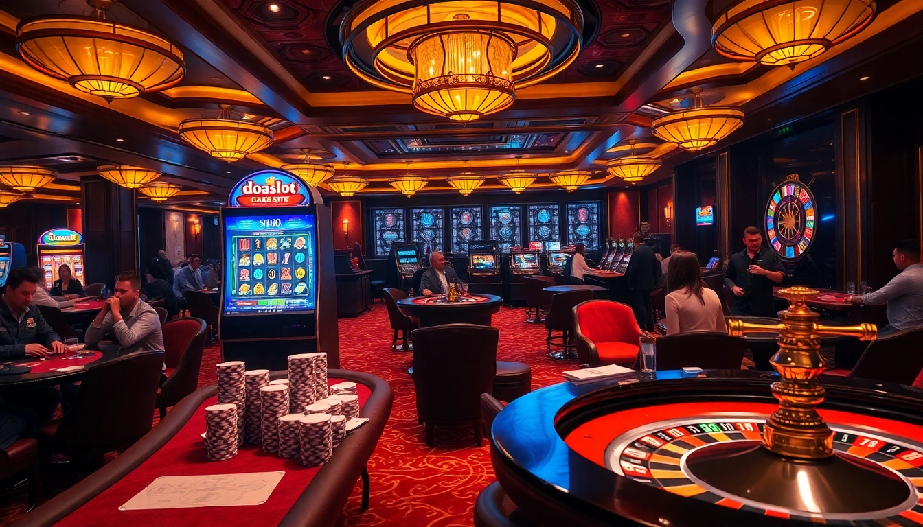 Players spin the doaslot machine in a vibrant casino atmosphere filled with excitement and luxury.