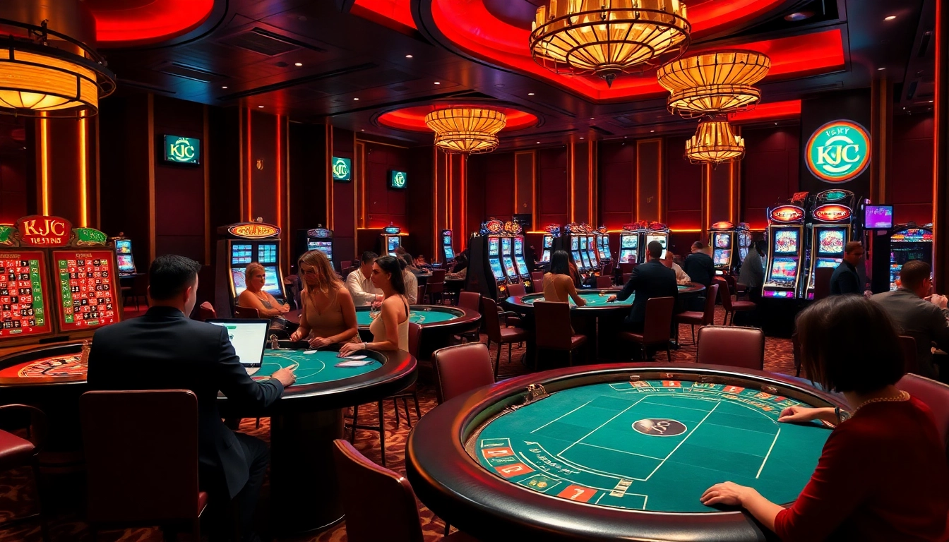 KJC Casino gaming scene with luxurious tables, vibrant players, and roulette wheels spinning.