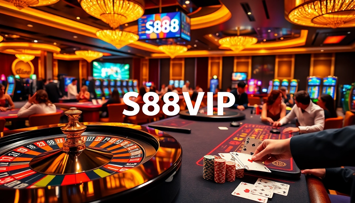 S88VIP casino gaming experience with vibrant roulette wheel and playing cards.