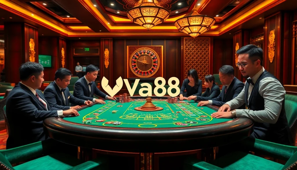 Experience the luxury of Va88 at a high-stakes casino table with eager players and vibrant chips.