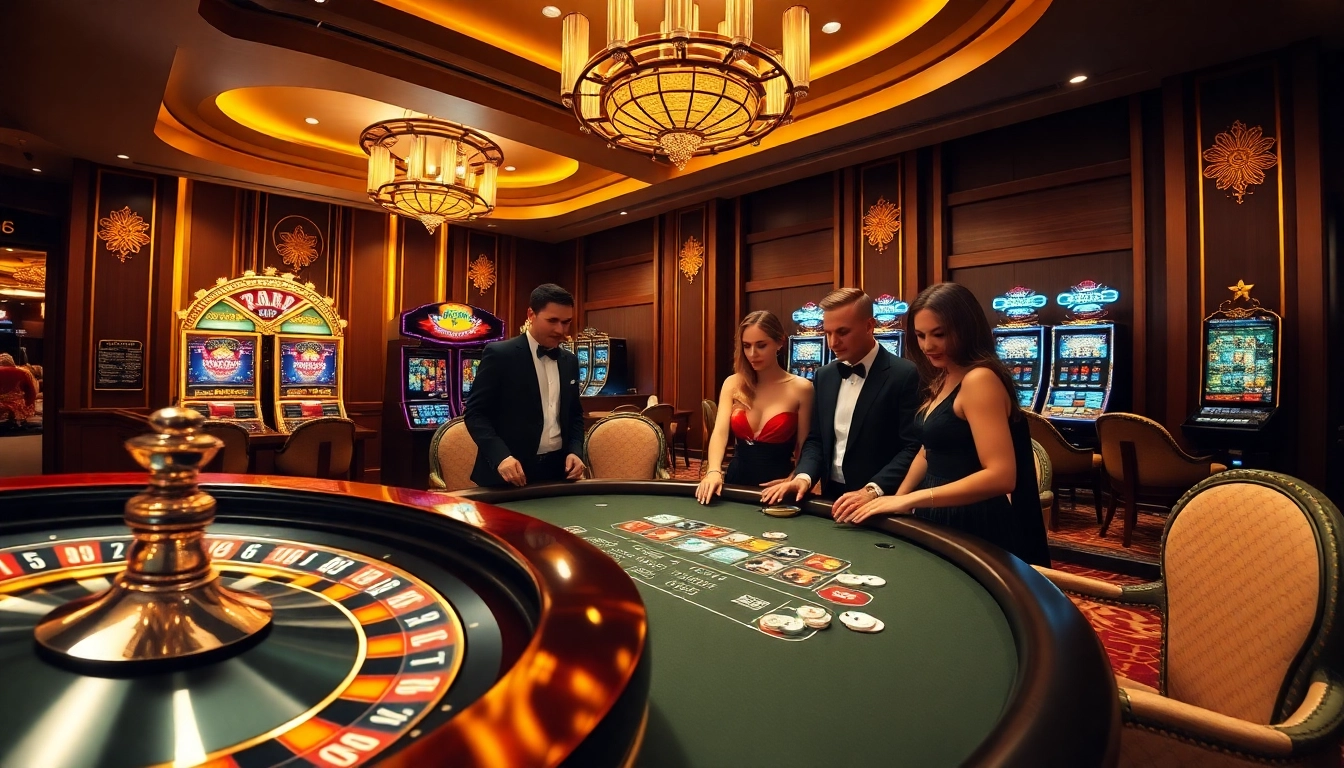 Engaging gamblers playing at FC88 casino with vibrant slot machines and roulette wheel.