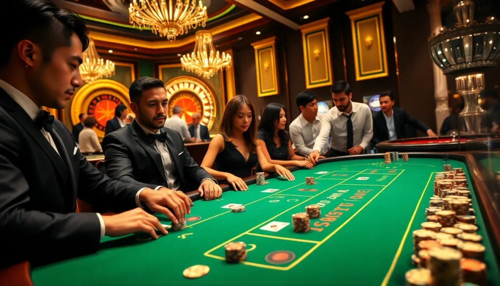 THABET casino scene showcasing intense poker gameplay with vibrant lighting and elegant decor.