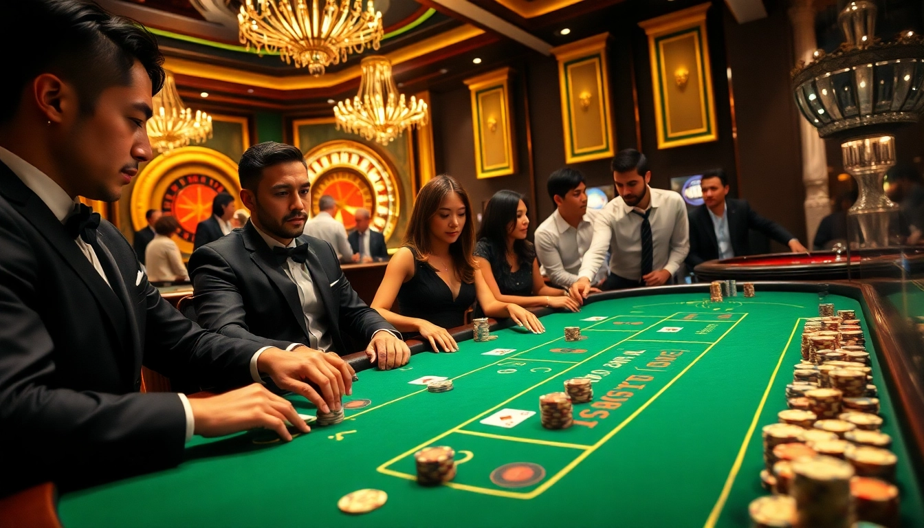 THABET casino scene showcasing intense poker gameplay with vibrant lighting and elegant decor.