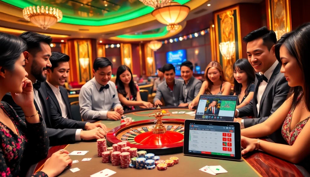 Players enjoying a thrilling game at GG88 casino table with vibrant chips and cards.