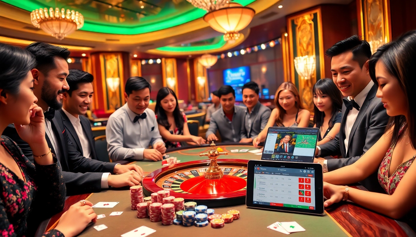 Players enjoying a thrilling game at GG88 casino table with vibrant chips and cards.