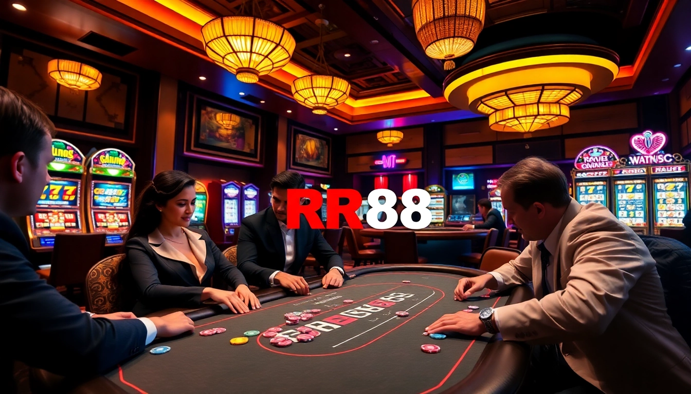 RR88 gamblers enjoy vibrant poker action in a luxurious casino atmosphere.
