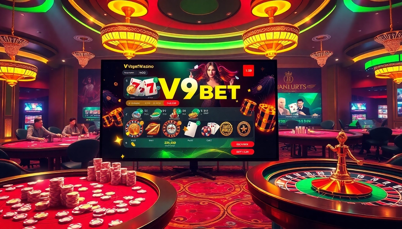 Players enjoying V9bet online games at vibrant casino tables with chips and excitement.