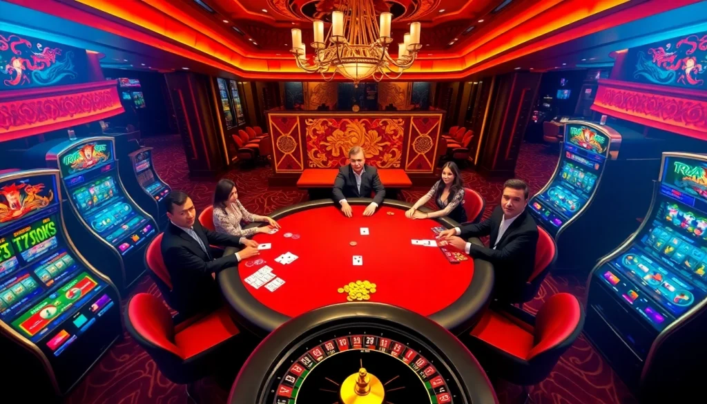 RAJABARONG-themed casino setting with players at a poker table, showcasing excitement and luxury.