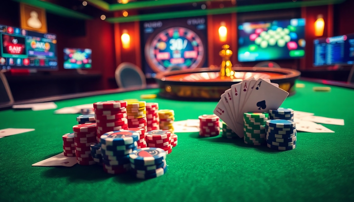 Exciting action at https://mm88.forex/ featuring casino games with vibrant chips and cards.