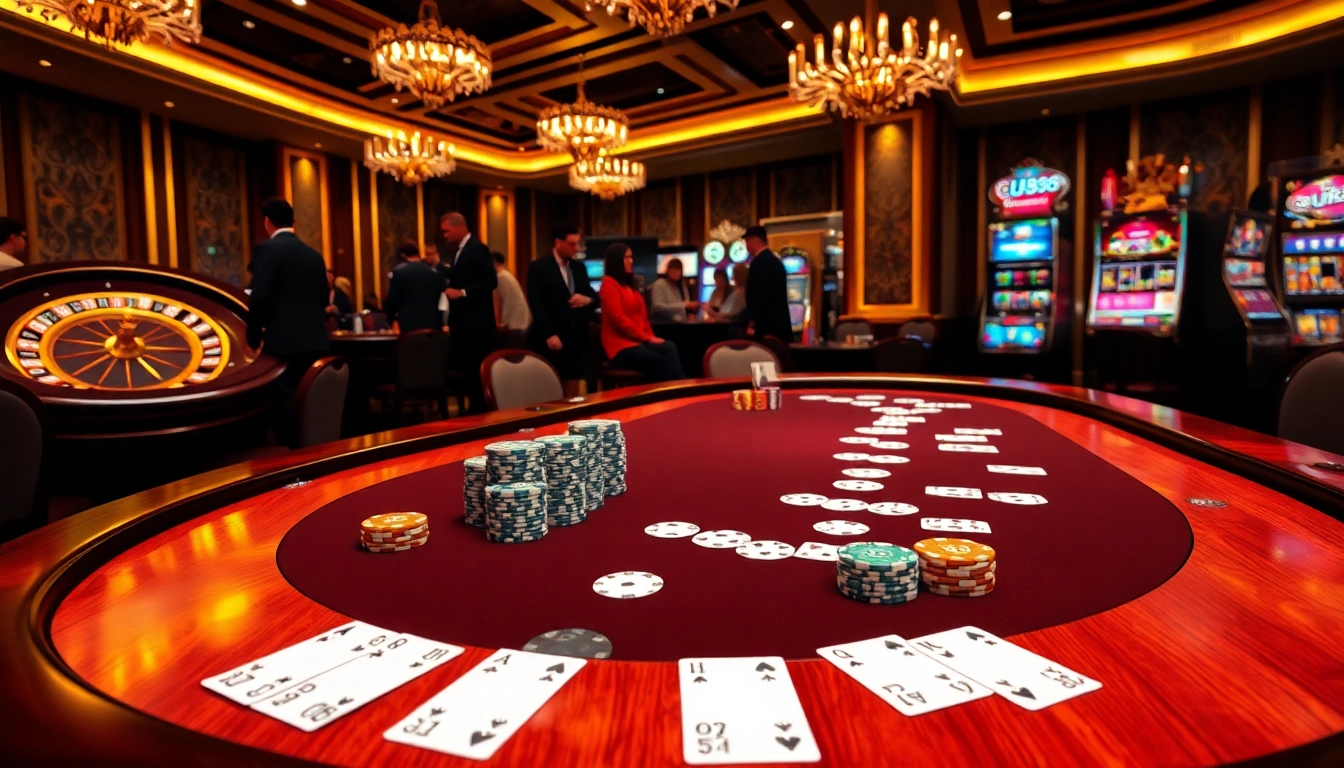 Players enjoying poker and casino games at UU88's luxurious gambling scene.