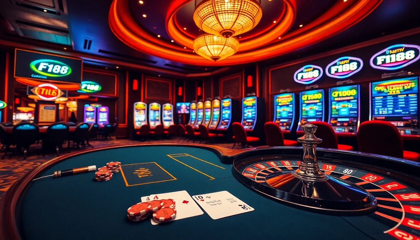 F168 casino scene showcasing exciting poker and slot machines, capturing the thrill of online gambling.