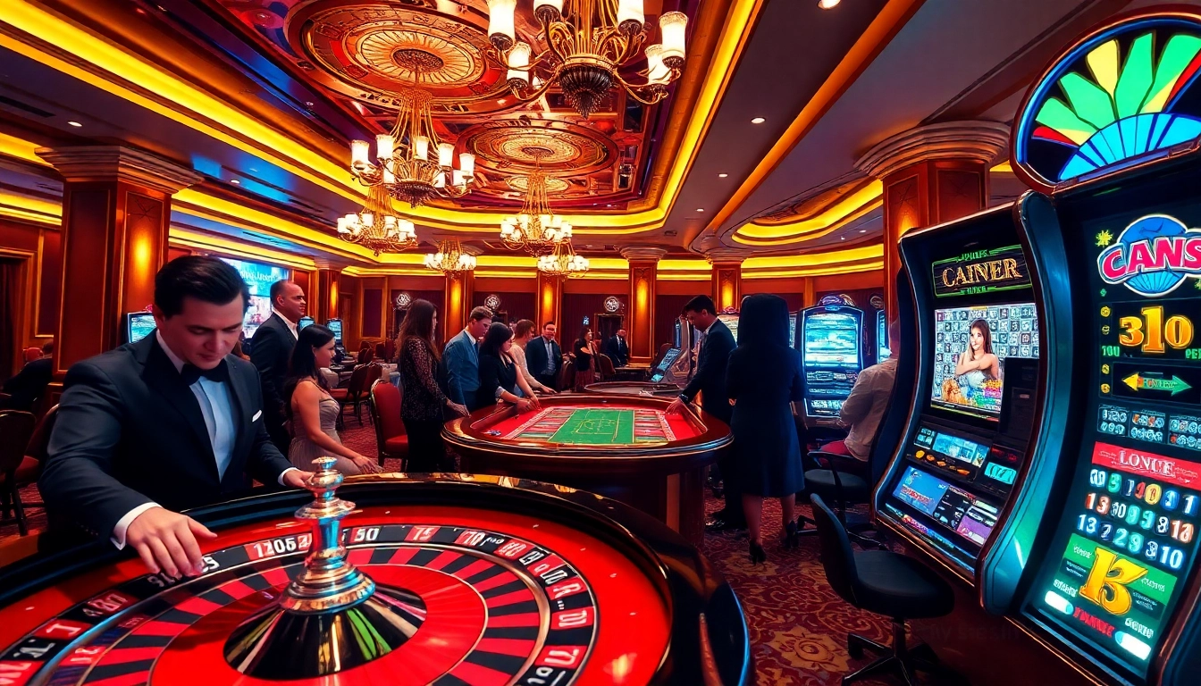 Experience the excitement of MM88 at a luxurious casino setting with roulette and slot machines.