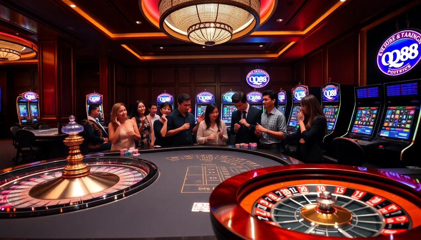 Engaging scene of players at QQ88 casino table games, featuring poker chips and lively atmosphere.