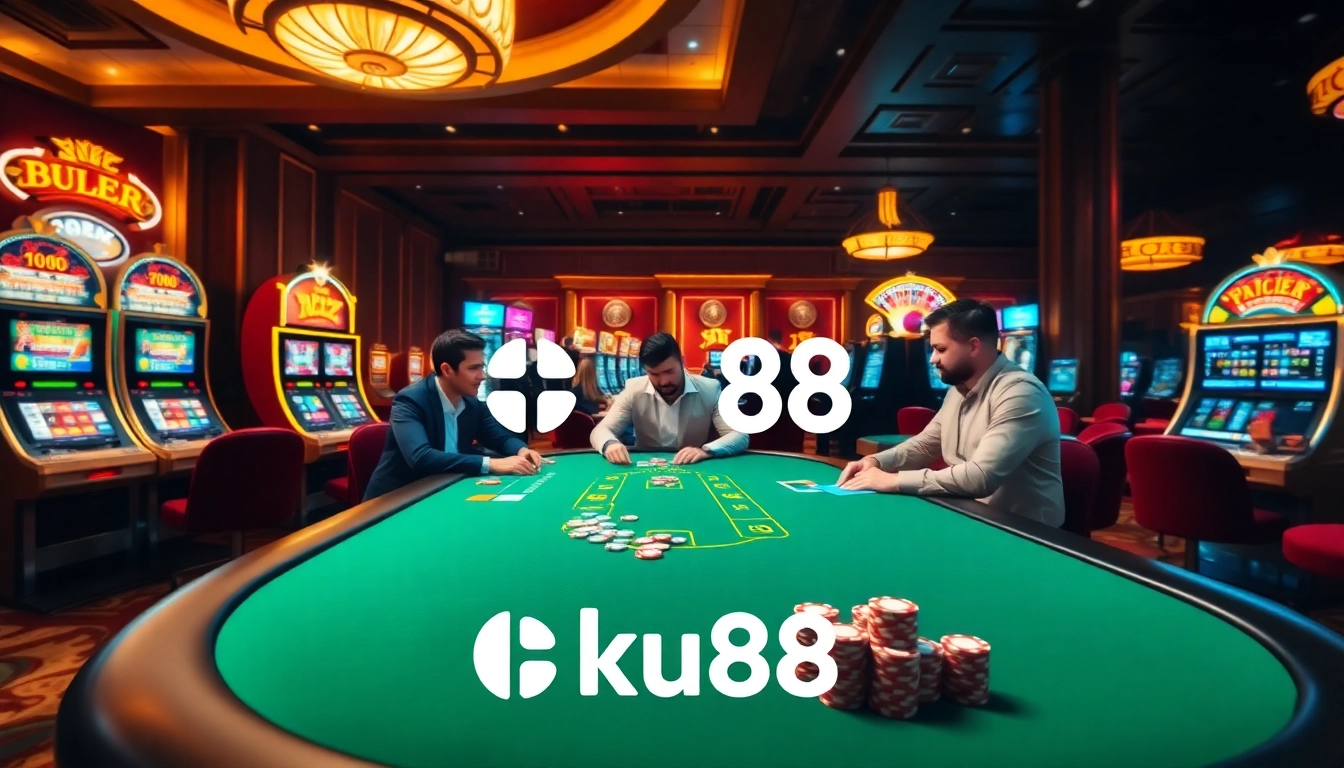 Players enjoying high-stakes poker at ku88 casino with vibrant slot machines in the background.