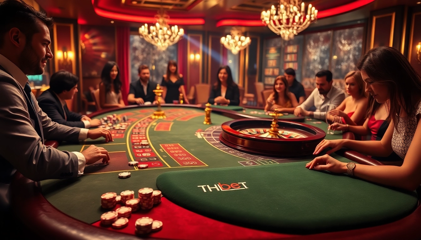 Experience the thrill of gaming at Thabet's luxury casino atmosphere with vibrant poker tables and excited players.