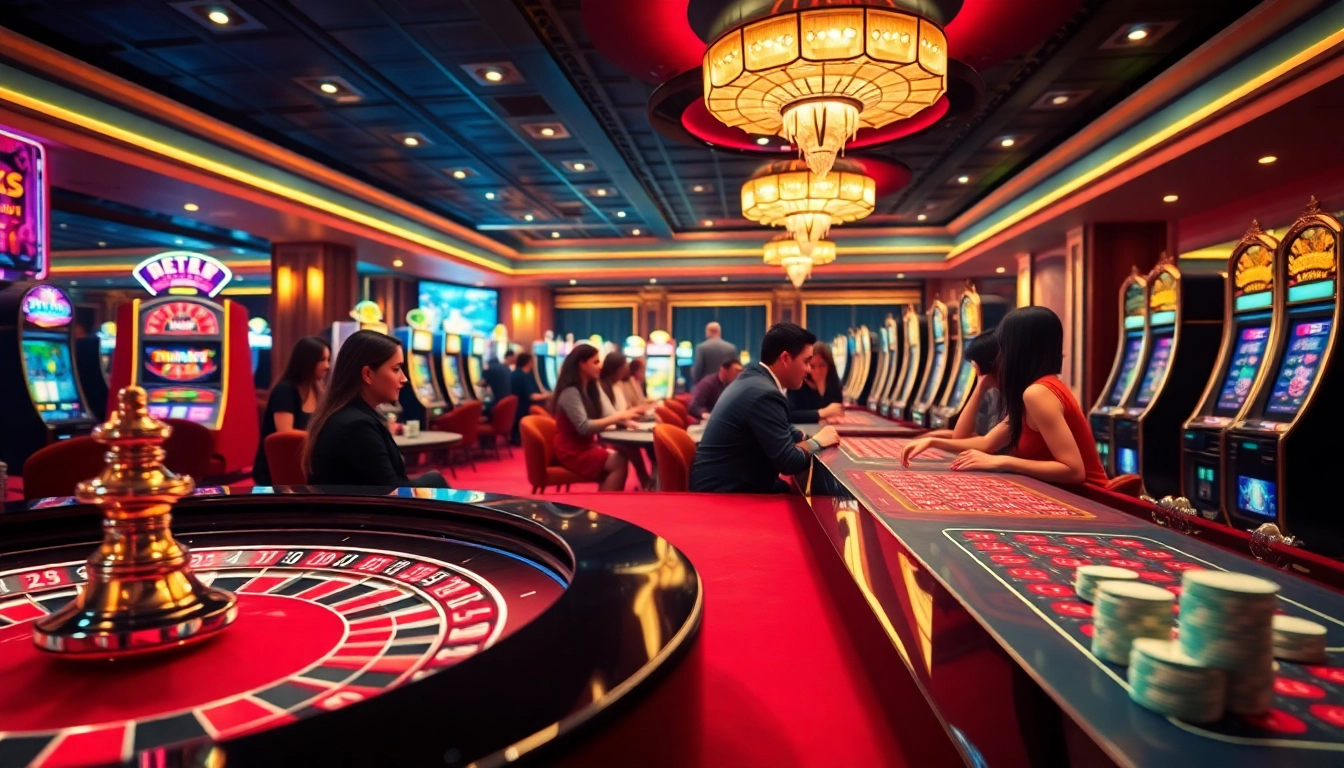 Experience the thrill of keo PU88 in a luxurious casino environment filled with vibrant gaming tables and engaged players.