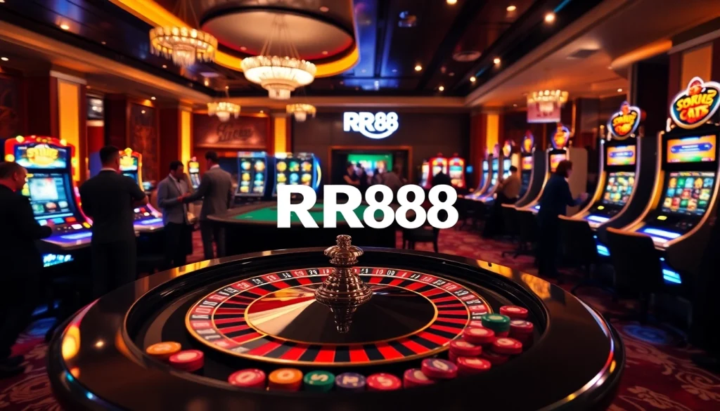 Players enjoy diverse games at a vibrant RR88 casino, capturing the excitement of winning.