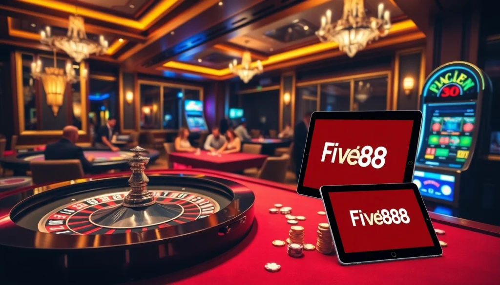 Players engaging in thrilling games at Five88 casino, featuring roulette and vibrant slot machines.