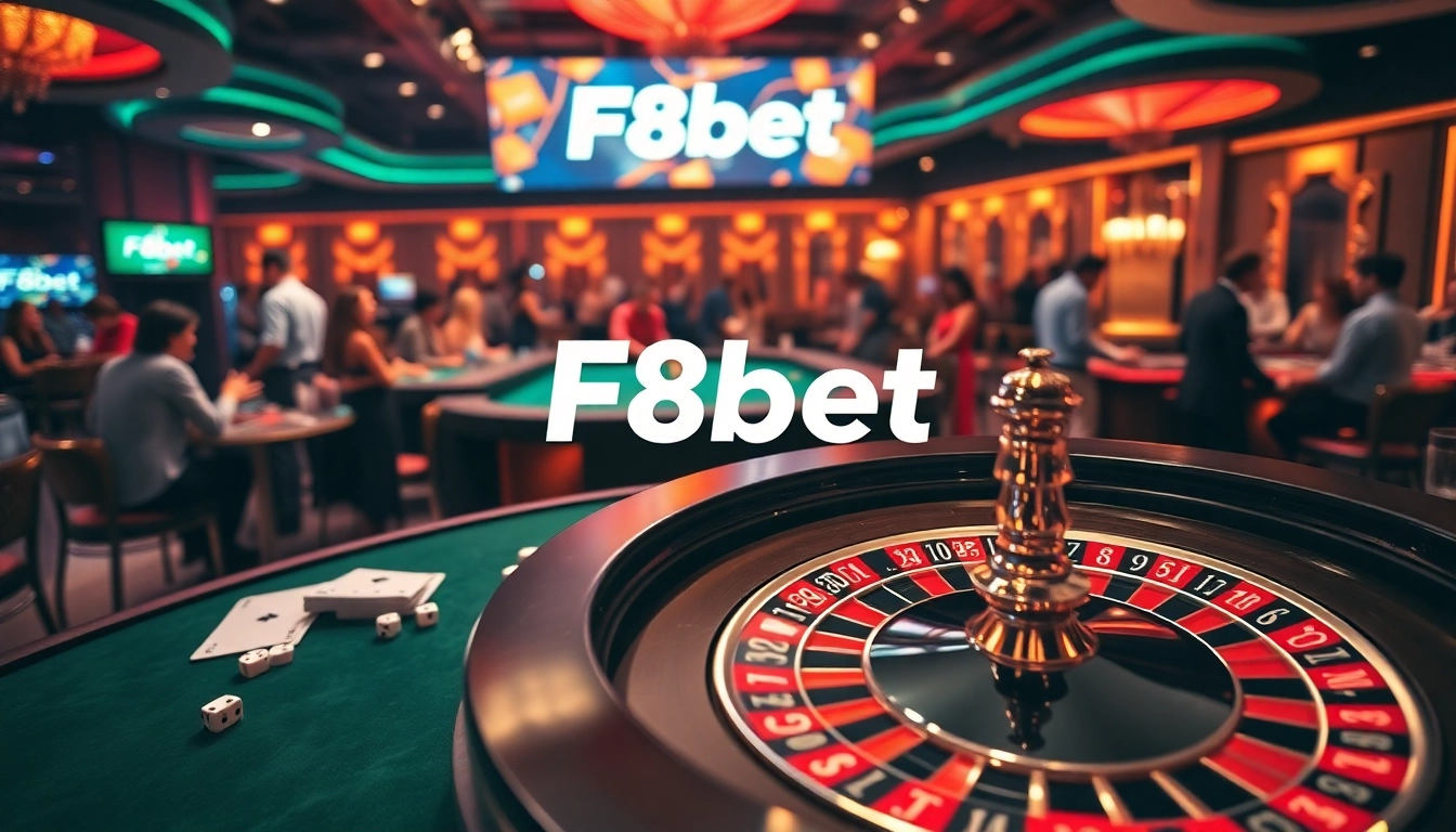 Engage in thrilling gambling action with F8bet's luxurious online casino interface in a vibrant setting.