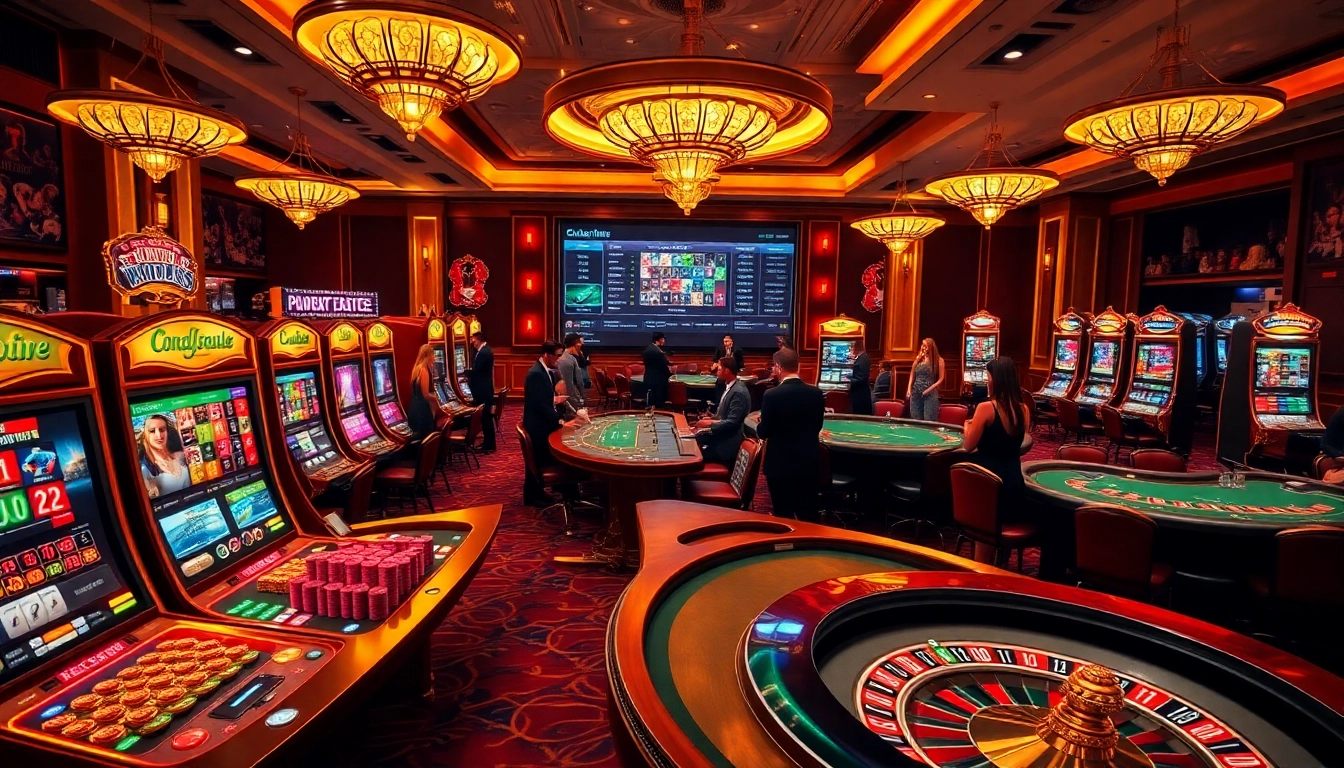 Exciting casino game scene showcasing 789win's vibrant atmosphere with poker tables and slot machines.