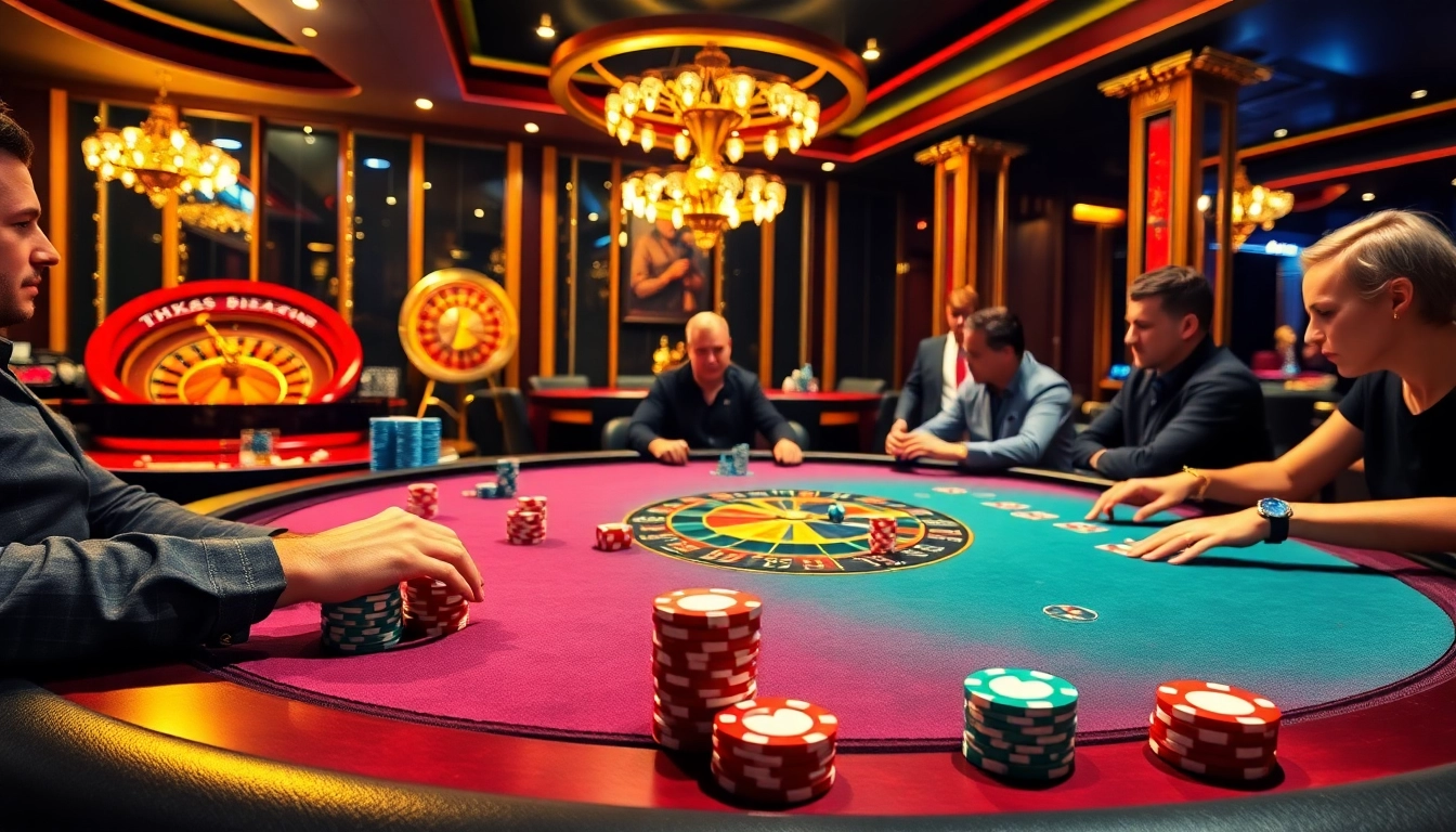 Players enjoying poker at FUN79 casino, engaged in thrilling gameplay with vibrant chips and a roulette wheel.