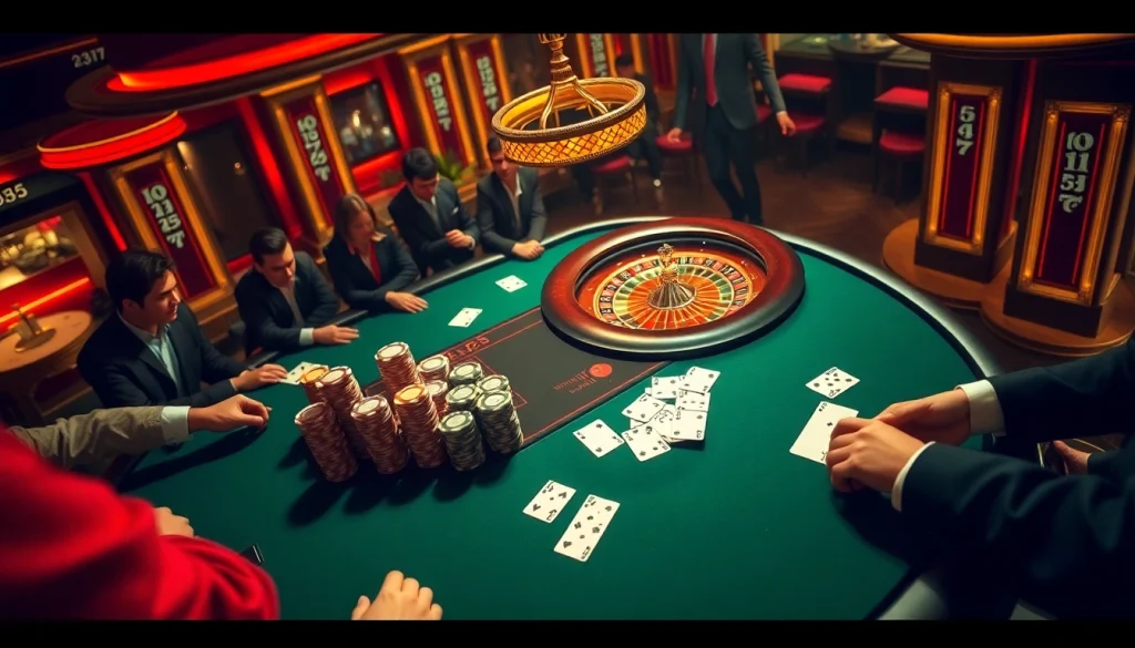 Gamblers enjoying a high-stakes game at a km88 casino table, surrounded by vibrantly colored poker chips.